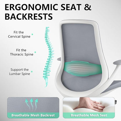 Ergonomic Office Chair, High Back Mesh Desk Chair with Lumbar Support, 360° Swivel & Slide-Adjustable Arms, Tilt Lock and Recline, Breathable Task Chair for Home Office & Gaming (Grey)