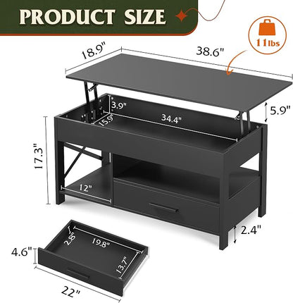 WLIVE Coffee Table, 39" Lift Top Coffee Table with Hidden Compartment, Storage Drawers and Storage Shelf for Living Room, Reception Room, Black