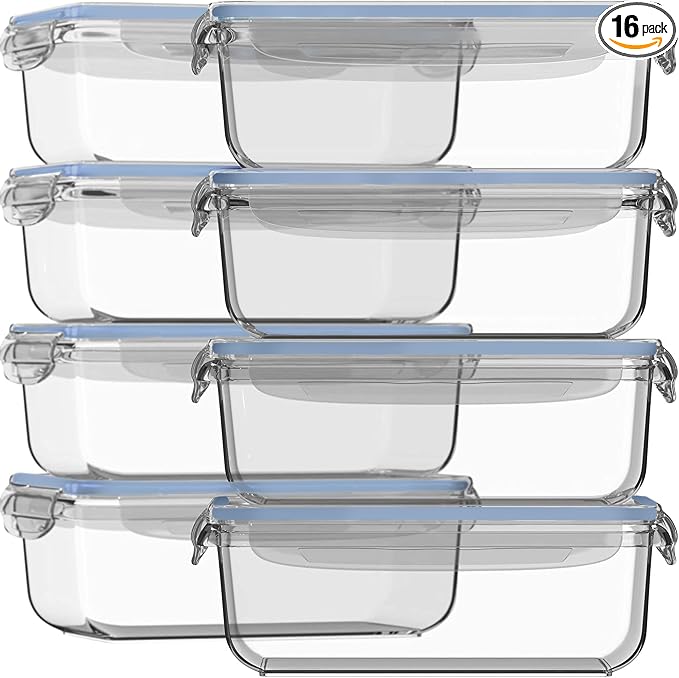 Razab 16 Pc (Set of 8) 30 Oz Glass Meal Prep Containers with Lids, Airtight Large Glass Food Storage Containers, Reusable Leak Proof BPA Free, Freezer to Oven and Dishwasher Safe