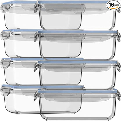 Razab 16 Pc (Set of 8) 30 Oz Glass Meal Prep Containers with Lids, Airtight Large Glass Food Storage Containers, Reusable Leak Proof BPA Free, Freezer to Oven and Dishwasher Safe