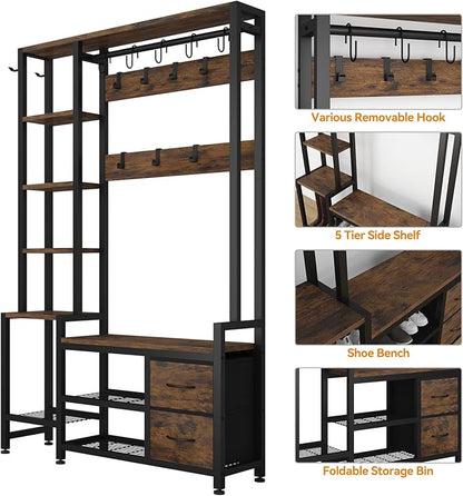 Hall Tree for Entryway 43", Bench with Shoe Storage, Large Coat Rack Shoe Bench with 5 Tier Shelves, 5 in 1 Design Front Door Shoe Rack and Wall Rack Hooks, and 2 Drawers (Rustic Brown)
