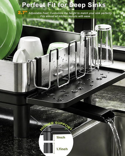 Dish Drying Rack, 304 Stainless Steel Dish Rack and Drainboard Set, Rustproof Dish Drainer with Anti-Pooling Automatic Drainage, Large Capacity Kitchen Counter Organizer, Black