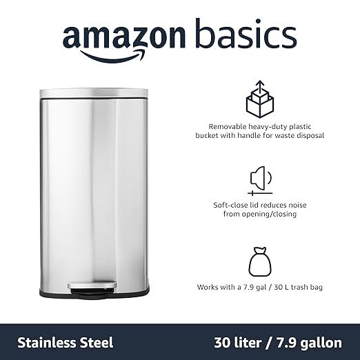 Amazon Basics Smudge Resistant Rectangular Trash Can with Soft-Close Lid, Foot Pedal, Removable Inner Bucket, 30 Liter/7.9 Gallon, Brushed Stainless Steel, Satin Nickel Finish, 13.8"L x 11.8"W x 25"H