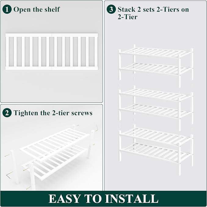 Smiry Bamboo Shoe Rack, 6 Tier Free Standing Wooden Shoe Organizer, Stackable Wood Shoe Storage Shelf for Closet, Entryway, 12 Vertical Slats, 2+2+2 Stack Standard Legs, 26.8"x11"x39", White