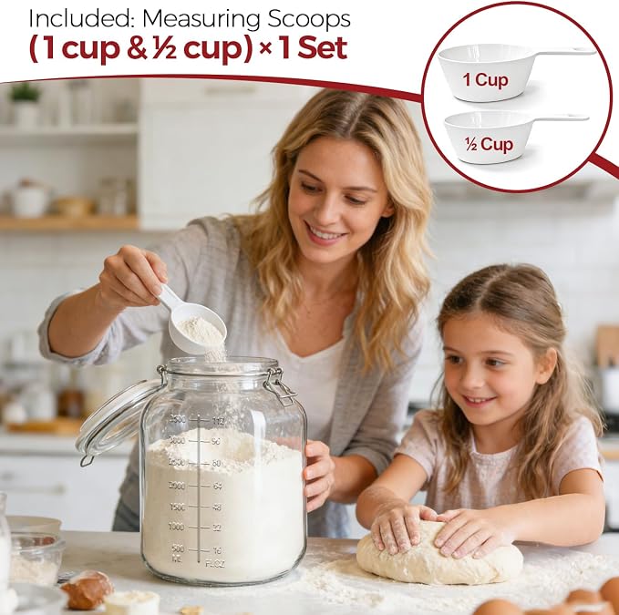1.1 Gallon Wide Mouth Glass Canisters with Airtight Lids & Measurement Marks (2-Pack) – Includes 2 Measuring Scoops & Labels, Food Storage Jars for Flour, Sugar & Baking Supplies | BPA-Free
