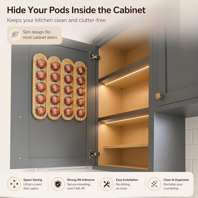 Bamboo Coffee Pod Holder, Adhesive Wall Mount (No Drilling) for Inside Cabinet Door, 20-Capsule Storage (Set of 4), Vertical & Horizontal, Compatible with Nespresso Vertuo Line-Bamboo Brown