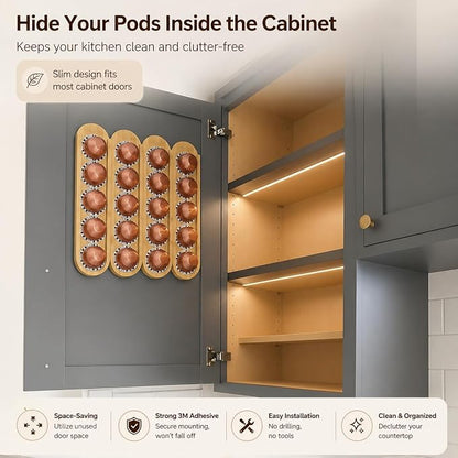 Bamboo Coffee Pod Holder, Adhesive Wall Mount (No Drilling) for Inside Cabinet Door, 20-Capsule Storage (Set of 4), Vertical & Horizontal, Compatible with Nespresso Vertuo Line-Bamboo Brown