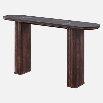 OKD 63 Inch Modern Console Table with Arc Faux Marble Texture Top, Fluted Wood Base, Contemporary Entryway Sofa Table for Living Room, Hallway, Foyer, Dark Walnut