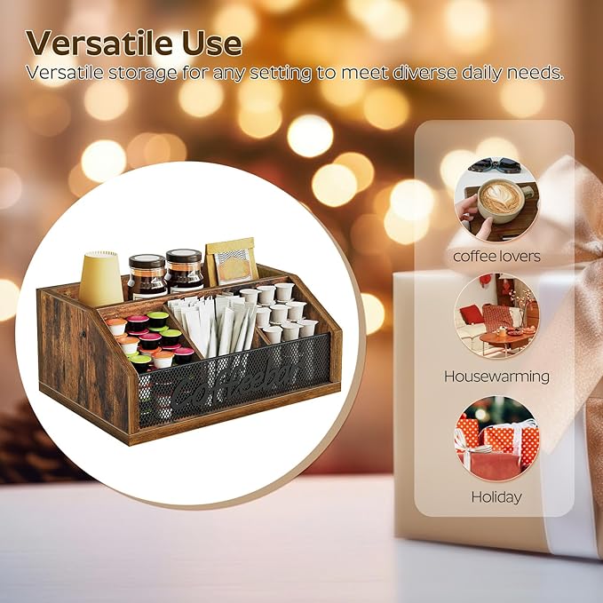 YATINEY Coffee Pod Organizer, Wooden Coffee Bar Organizer for Countertop, Versatile Pod Holder with Dividers, Holds Syrup, Cups, Tea Bags, Easy Assembly, Rustic Brown KH11BR