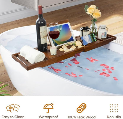 Expandable Solid Teak Wood Bathtub Caddy Tray, Adjustable Bath Tub Organizer for Bathroom Spa, Luxury Bath Accessories (Dark Natural Teak, Non‑Foldable Structure)