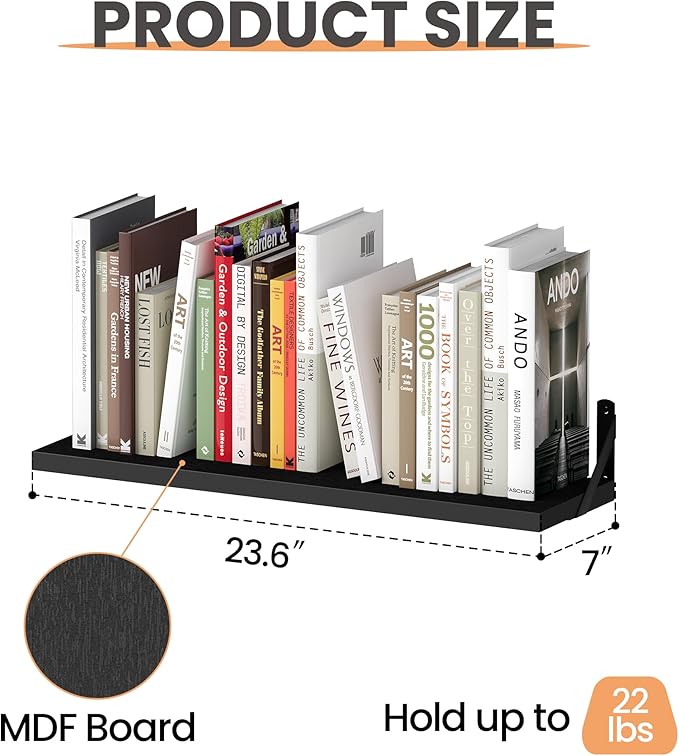 upsimples Floating Book Shelves for Wall, 23.6 Inches Floating Wood Shelves for Living Room, Laundry Room, Bedroom, Office Organizer and Storage, Black