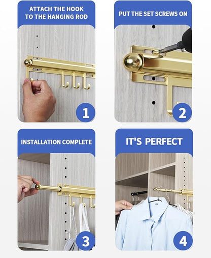 16.5 inch Valet Rod for Closets Pull Out Closet Valet Rod Slide Out Extra long Gold Valet Rods for Closets With 6 Hooks