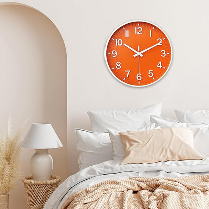 HZDHCLH Wall Clocks Battery Operated,Wall Clock Orange,10 inch Wall Clock Silent Non Ticking Modern 3D Numbers for Kitchen Bedroom Living Room Office Classroom Decor