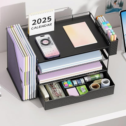 gianotter Wood Desk Organizers and Accessories with File Holder, 4-Tier Desk Accessories & Workspace Organizers with Drawer and Pen Holder, Paper Organizer for Office Supplies (Black)
