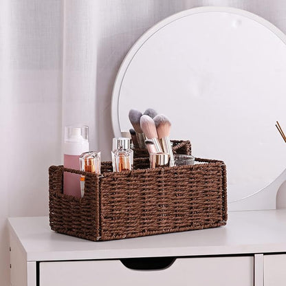 Vagusicc Wicker Storage Basket, Set of 2 Hand-Woven Paper Rope Wicker Basket, Small Storage Baskets for Organizing Toilet Paper Basket, Foldable Large Cube Storage Organizer Bins for Shelves (Brown)