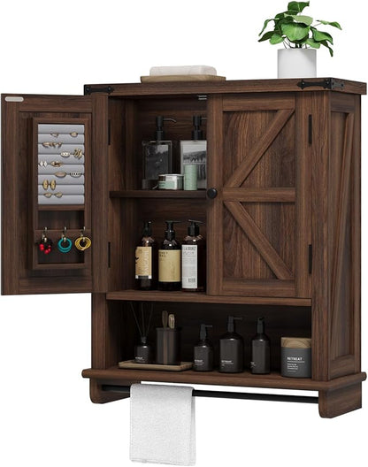 QUW Farmhouse Bathroom Wall Cabinet, Modern Medicine Cabinets with Towel Bar & Jewelry Holder, Over The Toilet Storage Cabinet with Barn Door for Laundry, Living Room, Hallway, Dark Walnut