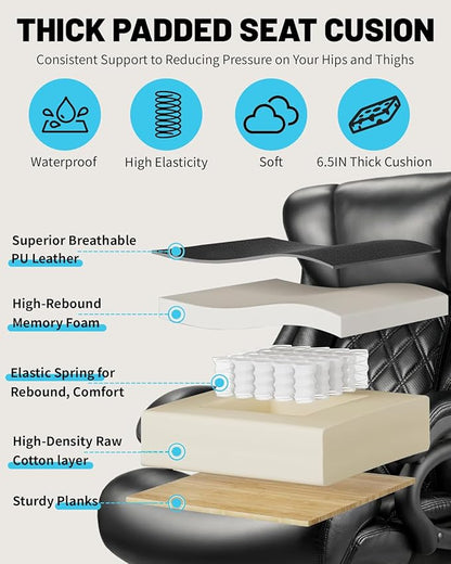 800lbs Executive Chairs, Executive Office Chairs for Big and Tall with Adjustable Lumbar Support, Office Chair for Heavy People, Leather Desk Chairs with Quiet Rubber Wheel and Extra Wide seat