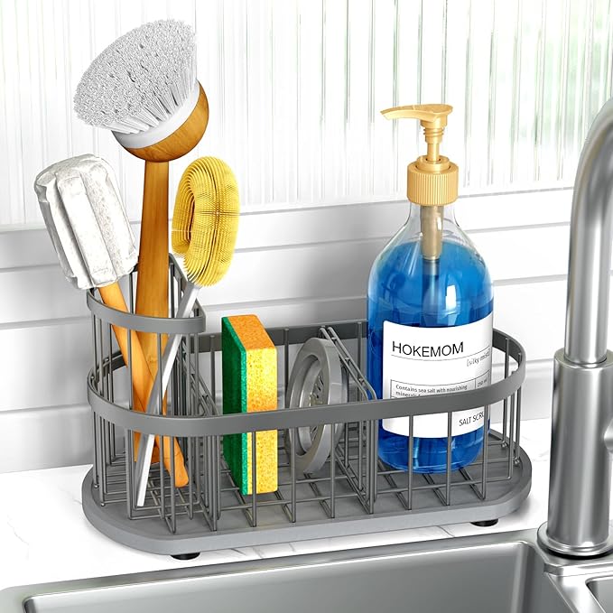 HOKEMOM Grey Sponge Holder for Kitchen Sink,Sink caddy organizer - 2.6mm Thick 304 Stainless Steel Caddy with Rust-Proof Coating, Non-Slip No-Drain Base. Dimensions: 9.84" x 4.72" x 5.83"