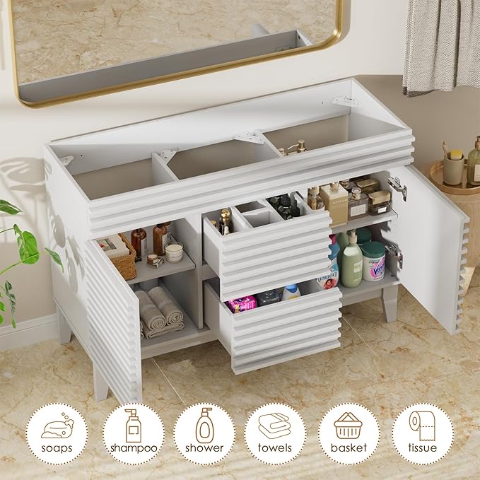 ROOMTEC 48" Bathroom Vanity, Mid-Century Freestanding Bathroom Vanity Cabinet with Storage, Particleboard Frame with Wood Grain Laminate, White(Sink Basin Not Included)
