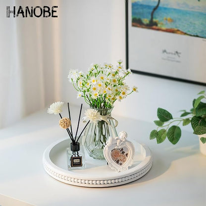 Hanobe Decorative Coffee Table Tray: White Beaded Round Serving Tray Modern Farmhouse Wooden Circle Centerpiece Tray Decor for Home Living Dining Room Kitchen Counter Bathroom