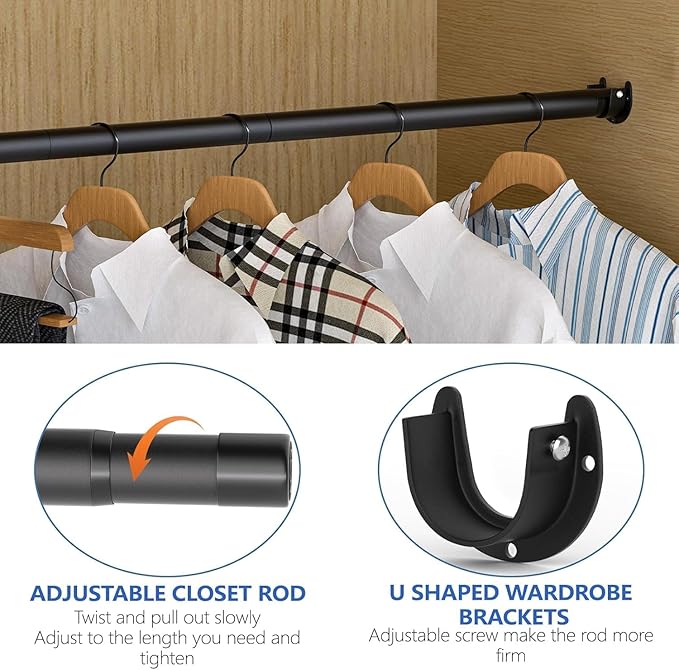 SUTINE Closet Rod, 17 to 68 Inch Closet Rods for Hanging Clothes, Heavy Duty Adjustable Clothes Hanging Bar Rod Matte Black Closet Poles for Wardrobes, Closet, Bathroom, Windows,1.3 Inch Diameter
