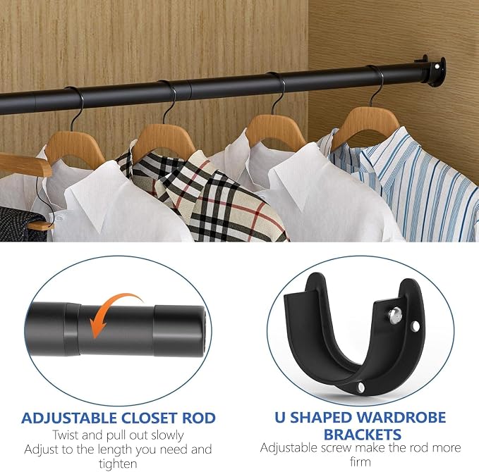 SUTINE Closet Rod, 17 to 97 Inch Closet Rods for Hanging Clothes, Heavy Duty Adjustable Clothes Hanging Bar Rod Matte Black Closet Poles for Wardrobes, Closet, Bathroom, Windows, 1.3 Inch Diameter