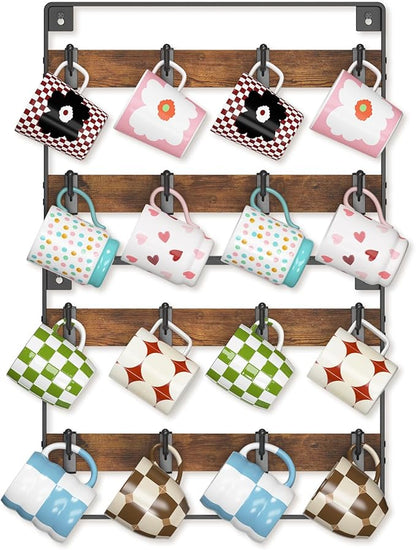 EsLuker.ly Mug Holder Hanger Rack Wall Mounted Wooden 2 Pack Coffee Cup Storage Organizer Display Shelf with 16 Movable Plastic Hooks, Ideal for Mug Collectors