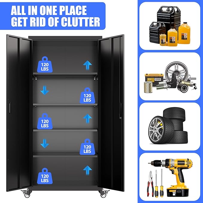 Garage Storage Cabinet with Wheels, Metal Storage Cabinet with 4 Adjustable Shelves and Lockable Doors for Garage Home Utility Room,Required Assembly,Black,73" H×31.57" W×15.71" D