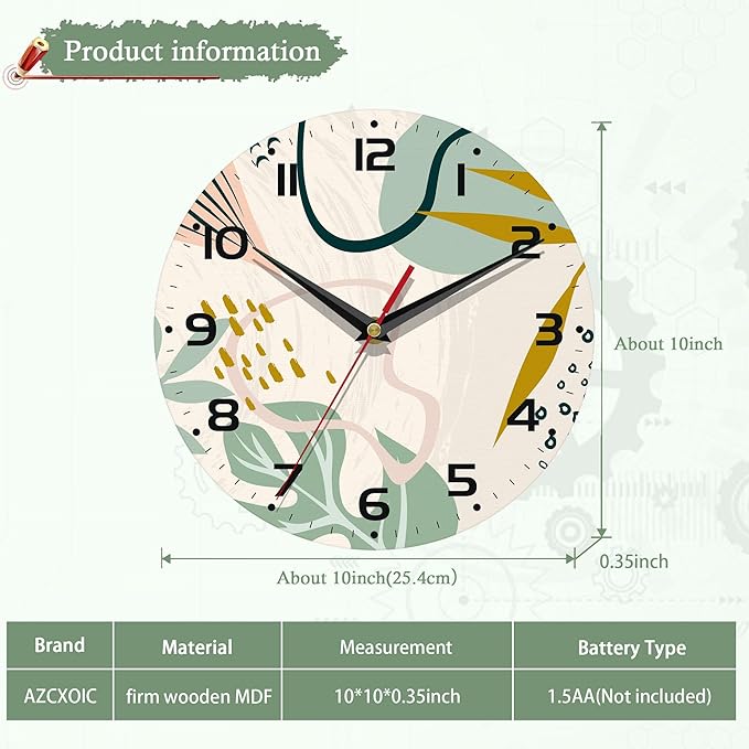 Wall Clocks,Boho Wall Clock Decorative,Abstract Leaf Kitchen Wall Clocks Battery Operated - 10 Inch Round Bathroom Wall Clock Silent Non-Ticking