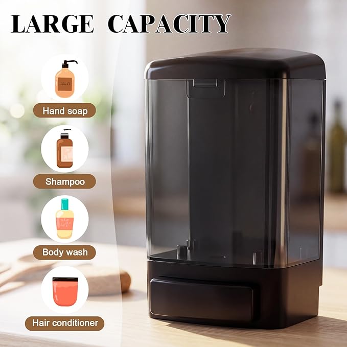 Hushee 4 Pcs Plastic Wall Mounted Soap Dispenser Commercial Manual Soap Containers Wall Dispenser for Kitchen Shower Hotel Liquid Shampoo Gel Chamber (33.8 oz 1000 ml,All Black)
