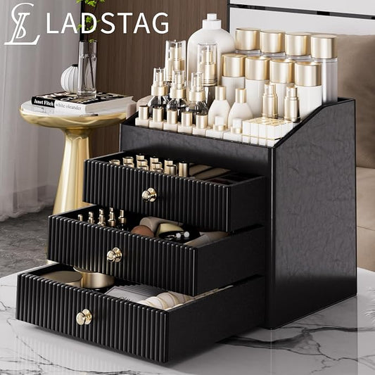 LADSTAG Cosmetic Organizer,Luxury Make up Organizer with 3 shelf Drawers,Black Large Capacity Makeup Organizers for Skincare,Brushes, Dresser,Bedroom,Bathroom,Birthday Gifts for Mom