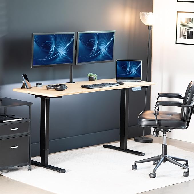 VIVO Electric 60 x 24 in Dual Motor Sit Stand Desk, Memory Height Adjustment, 2B Series, Bamboo Top Black Frame, DESK-KIT-2B6O