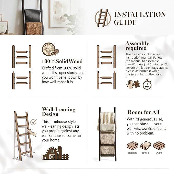 Wooden Blanket Ladder - 57in Natural Wood Color- Leaning Wall Decor for Bedroom, Bathroom, Living Room - Rustic Quilt Holder & Towel Rack (Dark Walnut 57in | Knock Down)