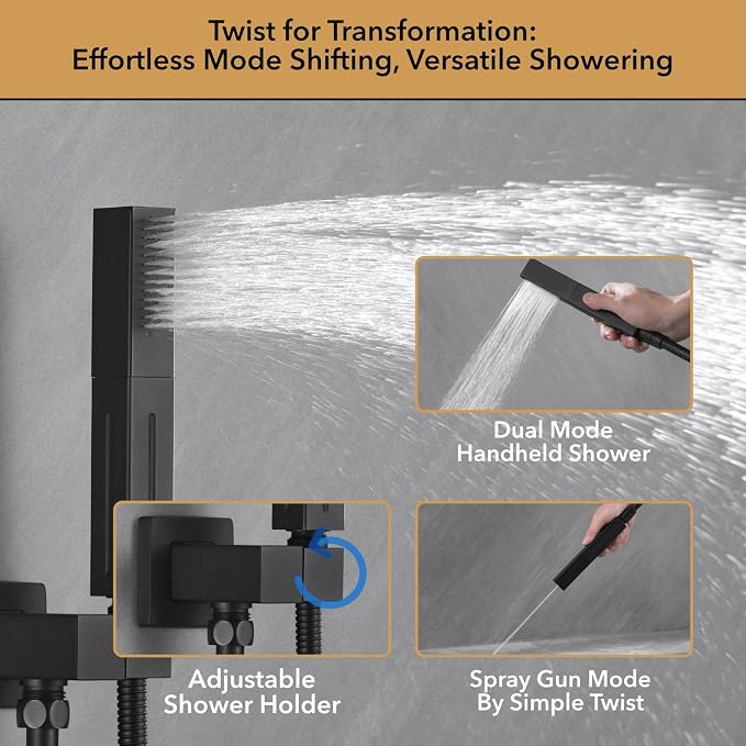VANFOXLE Shower Faucet Set Matte Black Shower System, Push Button Diverter Shower Faucet with Trim Kit, Ceiling Mount 12 Inch Shower Head Increased Thick, 6 Inch Side Shower Head, 2-in-1 Handheld
