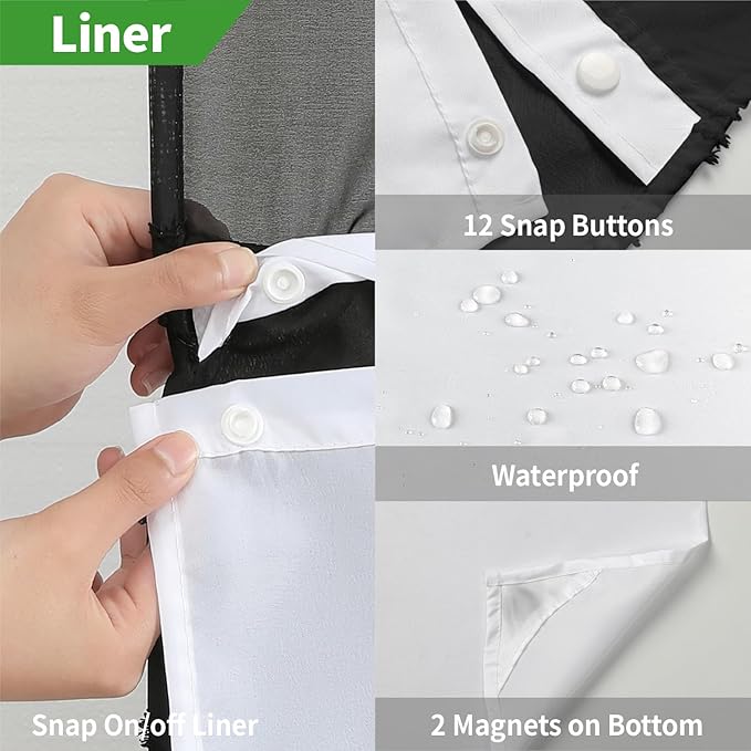no Hook Shower Curtain and Liner Set，Boho Style with See Through Top Window, Black Fabric Tufted Striped Textured Outer Curtain & Waterproof Inner Liner, DarkBlack, 71Wx74H