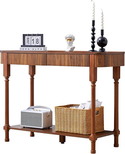 Fluted Console Table for Entryway, 43.3'' Narrow Entryway Tables with 2 Wooden Drawers, Retro Sofa Table Behind Couch Accent Tables for Foyer, Living Room, Hallway (Walnut)