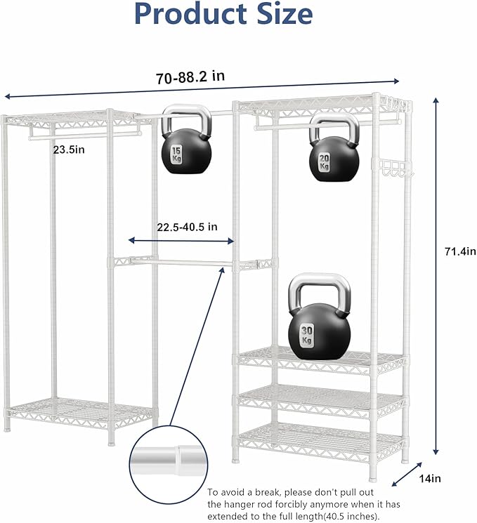 Heavy-Duty Clothes Rack, Expandable Closet Storage Unit with 6 Shelves and 4 Hanger Rods, Freestanding Bedroom Wardrobe Closet, White