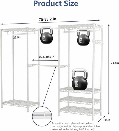 Heavy-Duty Clothes Rack, Expandable Closet Storage Unit with 6 Shelves and 4 Hanger Rods, Freestanding Bedroom Wardrobe Closet, White