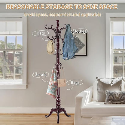 ZOZOE Wooden Classic Coat Rack Stand, Solid Wood Coat Rack Freestanding with 14 Hooks, Vintage Coat Racks with Sturdy Triangle Base, Natural Birch Wood Coat Clothes Tree Stand for Entryway Hallway