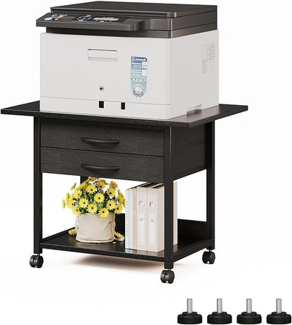 VENNQD Large Printer Stand with Storage Fabric Drawer Under Desk Printer Table with Wheels for Home Office, Printer Cart fit Fax Machine Scanner 23.4"x15.7" (Black, 2 Tiers)