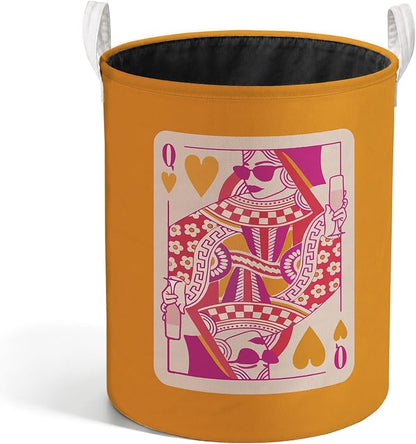 Trendy Pink and Orange Poker Laundry Basket, Preppy Queen of Hearts Playing Card Laundry Hamper Waterproof Collapsible Clothes Toys Storage Bin Organizer for Bedroom Bathroom Home
