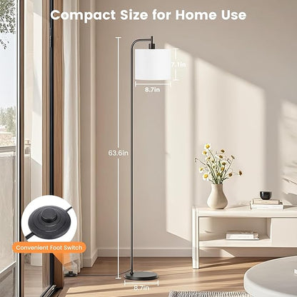 Floor Lamp with Linen Shade, Dimmable Tall Standing Lamp with Remote Control & 3 Color Temperatures, Modern Corner Floor Lamps for Living Room Bedroom Office, 9W LED Bulb Included