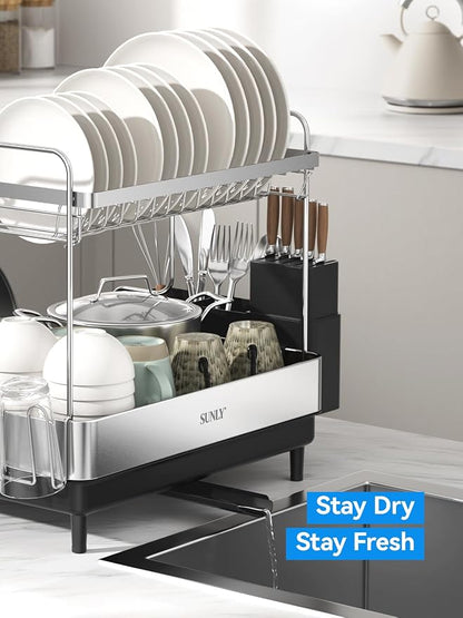 SUNLY 2 Tier Dish Drying Rack, Extra Large Dish Rack, Expandable Dish Racks for Kitchen Counter, Multifunctional Large Dish Drainers for Kitchen Counter, Black
