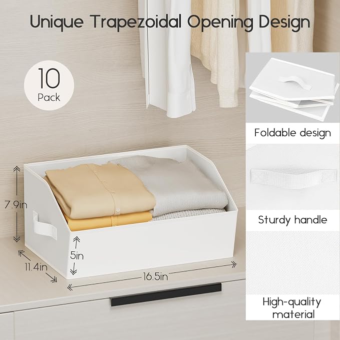 Homsorout Large Closet Organizers and Storage Bins - 10 Pack Trapezoid Storage Baskets for Shelves, Foldable Fabric Baskets with Handles Ideal for Closet, Basket, Wardrobe and Shelf Storage, White