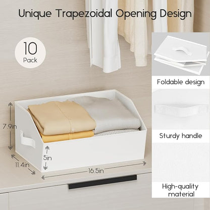 Homsorout Large Closet Organizers and Storage Bins - 10 Pack Trapezoid Storage Baskets for Shelves, Foldable Fabric Baskets with Handles Ideal for Closet, Basket, Wardrobe and Shelf Storage, White