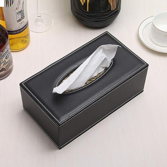 High-end Fashion PU Leather Tissue Box Holder Black with lid, Rectangular Napkin Facial Tissues Holder Dispenser,Home Office Car Tissue Box Cover Decorative Container with Magnetic Bottom (Black)