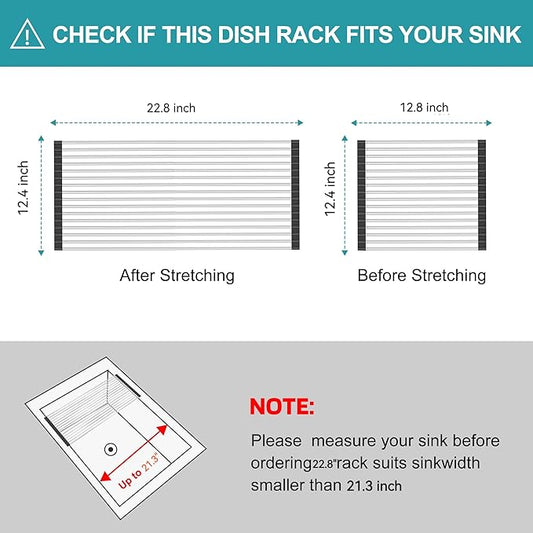 Extra Large Expandable Roll Up Dish Drying Rack,Over The Sink Drying Rack Sink Cover Kitchen Sink Accessories Kitchen Rolling up Stainless Steel Drainer, Foldable,Rollable（Black，25.1''-12.4''）