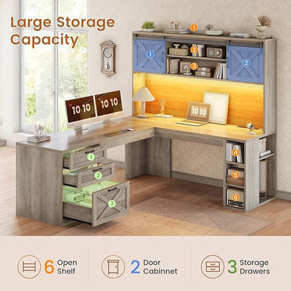 SEDETA 67" Farmhouse L Shaped Desk with Hutch, Home Office Desks with Drawers & Sliding Doors, Corner Computer Desk with Storage Shelves & Power Outlets, Executive Desk with LED Lights, Grey