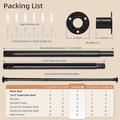 STORAGE MANIAC Closet Rods for Hanging Clothes 17.5 to 61 Inches Heavy Duty Stepless Adjustable Closet Hanging Rod 1.2 Inch Diameter Metal Closet Rod for Wardrobe Bathroom Bedroom Laundry RV, Black
