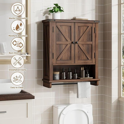 QUW Farmhouse Bathroom Wall Cabinet, Modern Medicine Cabinets with Towel Bar & Jewelry Holder, Over The Toilet Storage Cabinet with Barn Door for Laundry, Living Room, Hallway, Dark Walnut